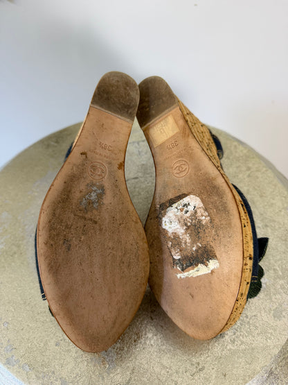 CHANEL - Blue Denim Camellia Cork Platform Slingback Wedges