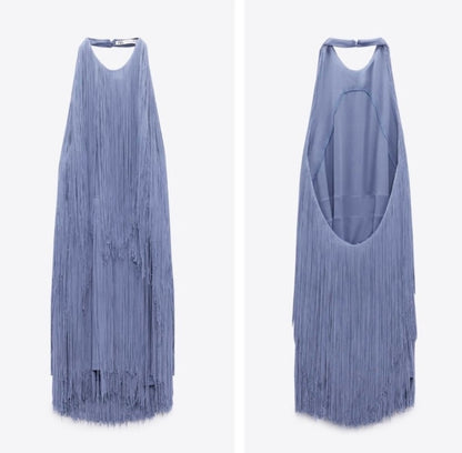 ZARA - Blue Fringed Halter Mini Dress w/ Low Back