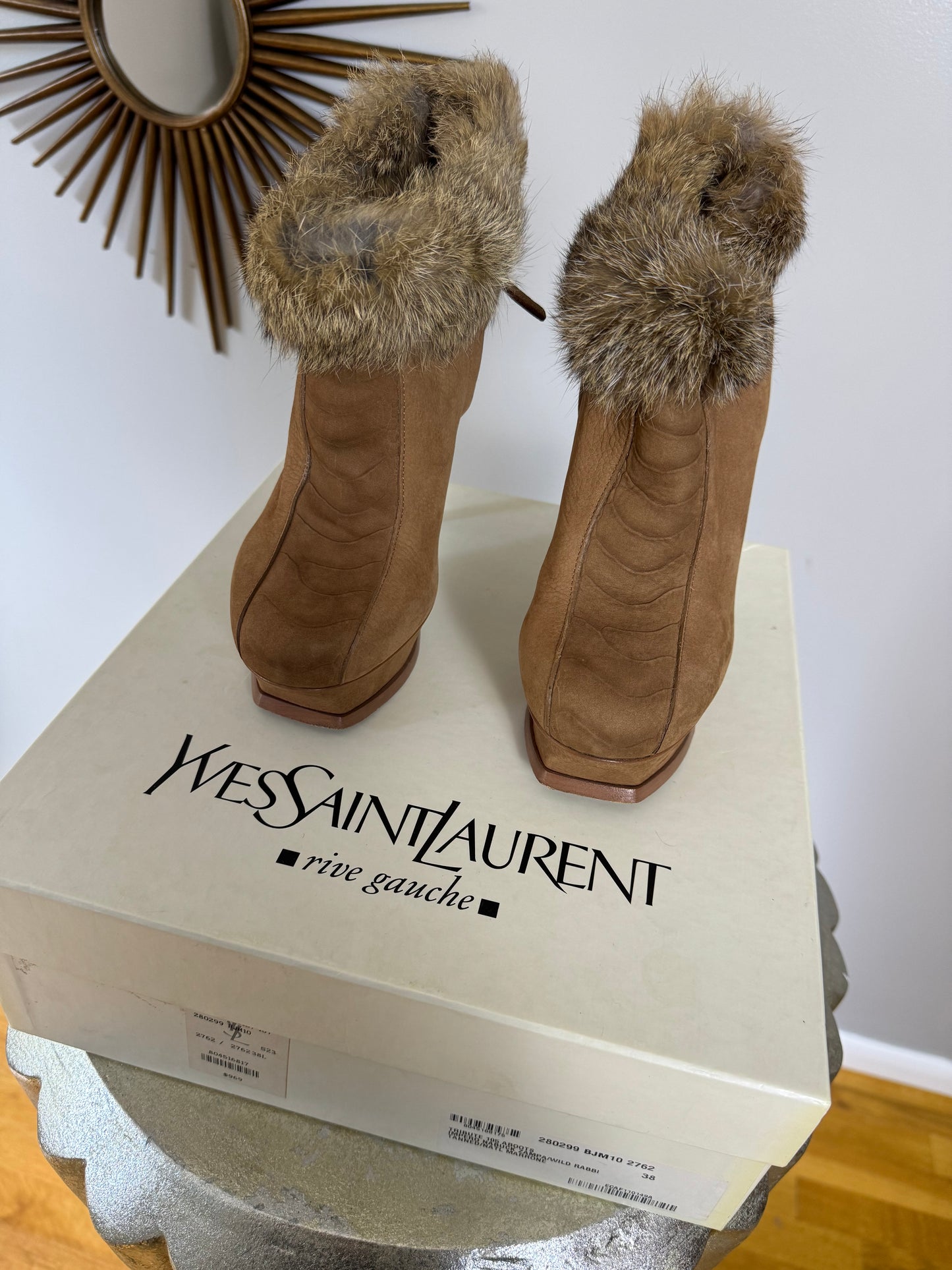 YSL - Tan Tribute Suede Booties With Fur Cuff