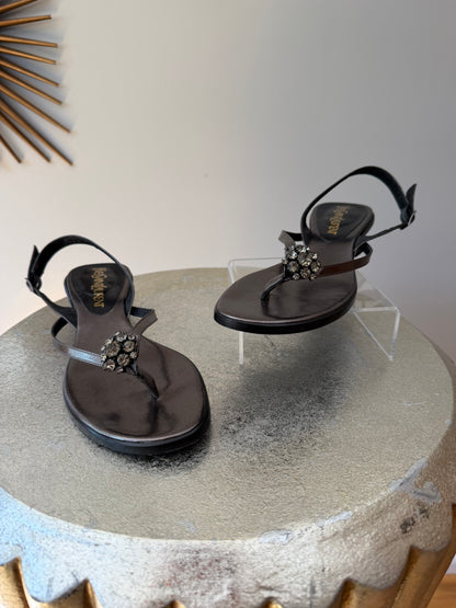 Yves Saint Laurent Black Jeweled T-Strap Slingback Sandals