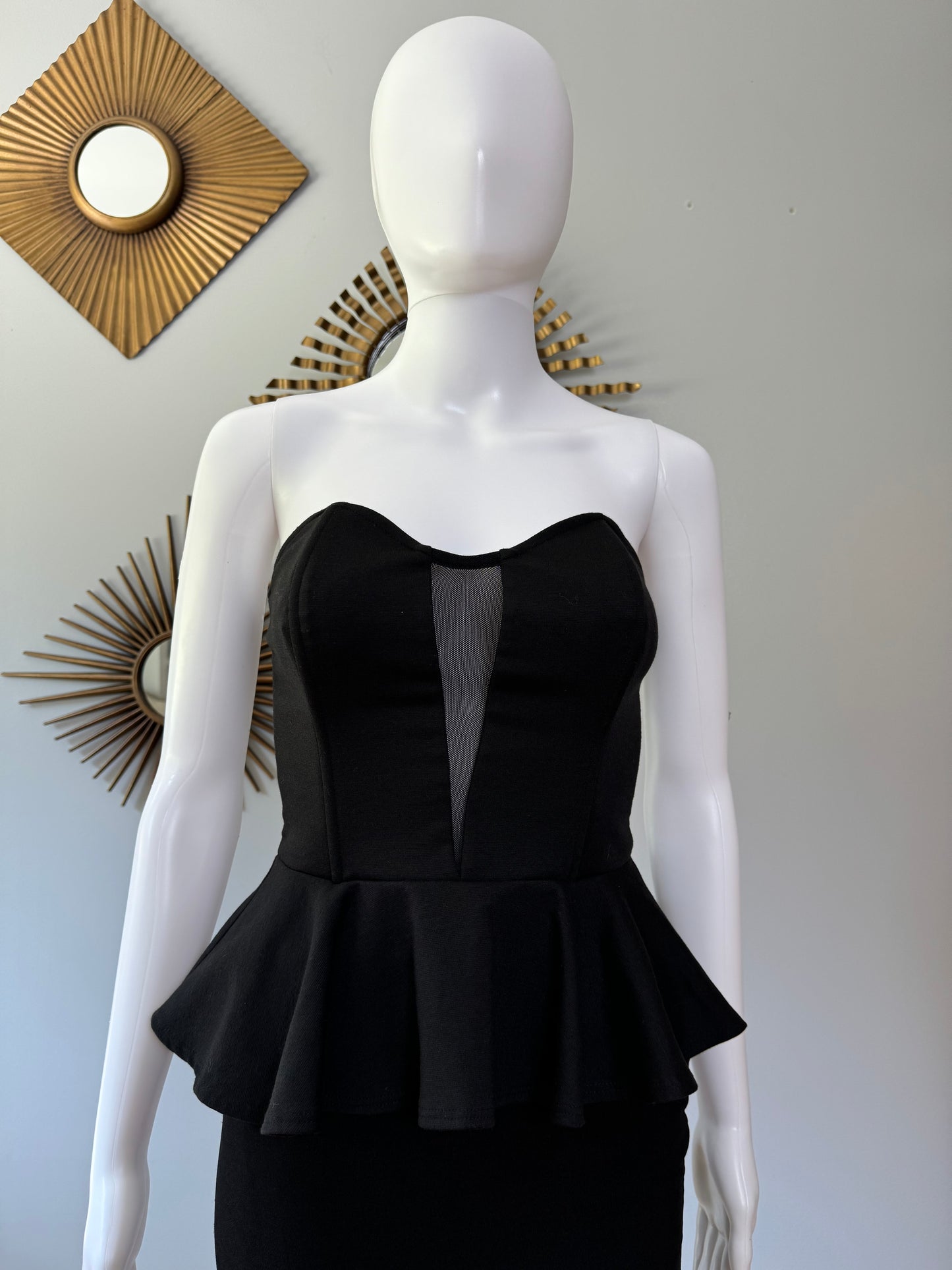 Black Peplum Strapless Top w/ Mesh Insert