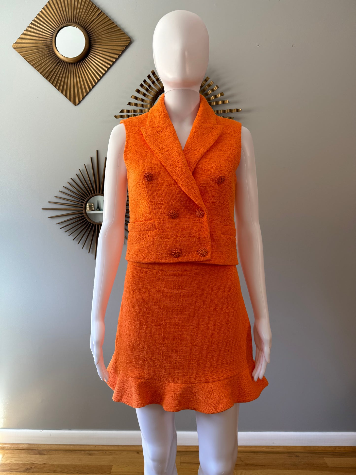 Zara - Conjunto Chaleco y Falda Naranja Textura