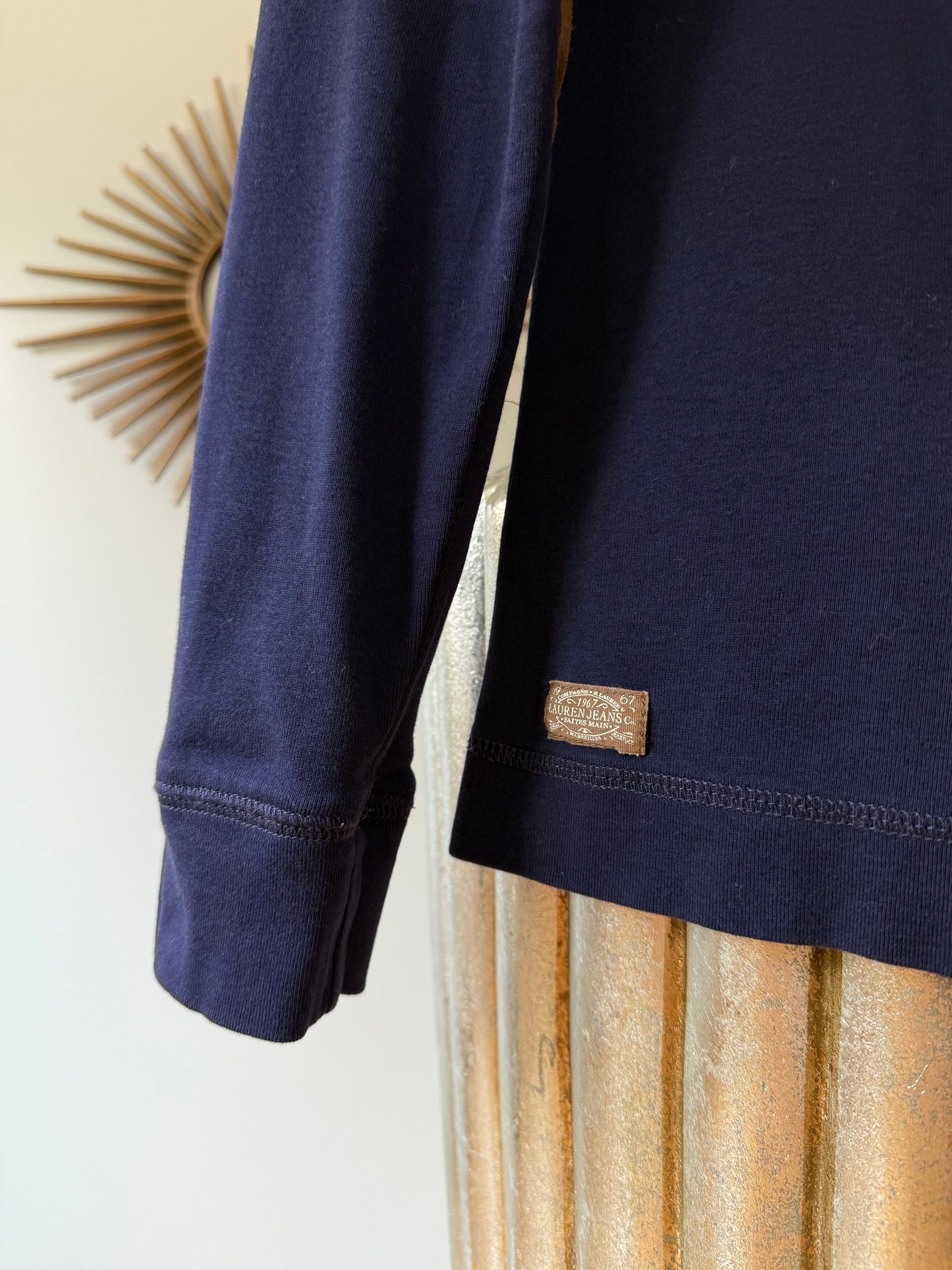 Ralph Lauren - Blue Top w/ Tan Zipper Detail & Elbow Patches