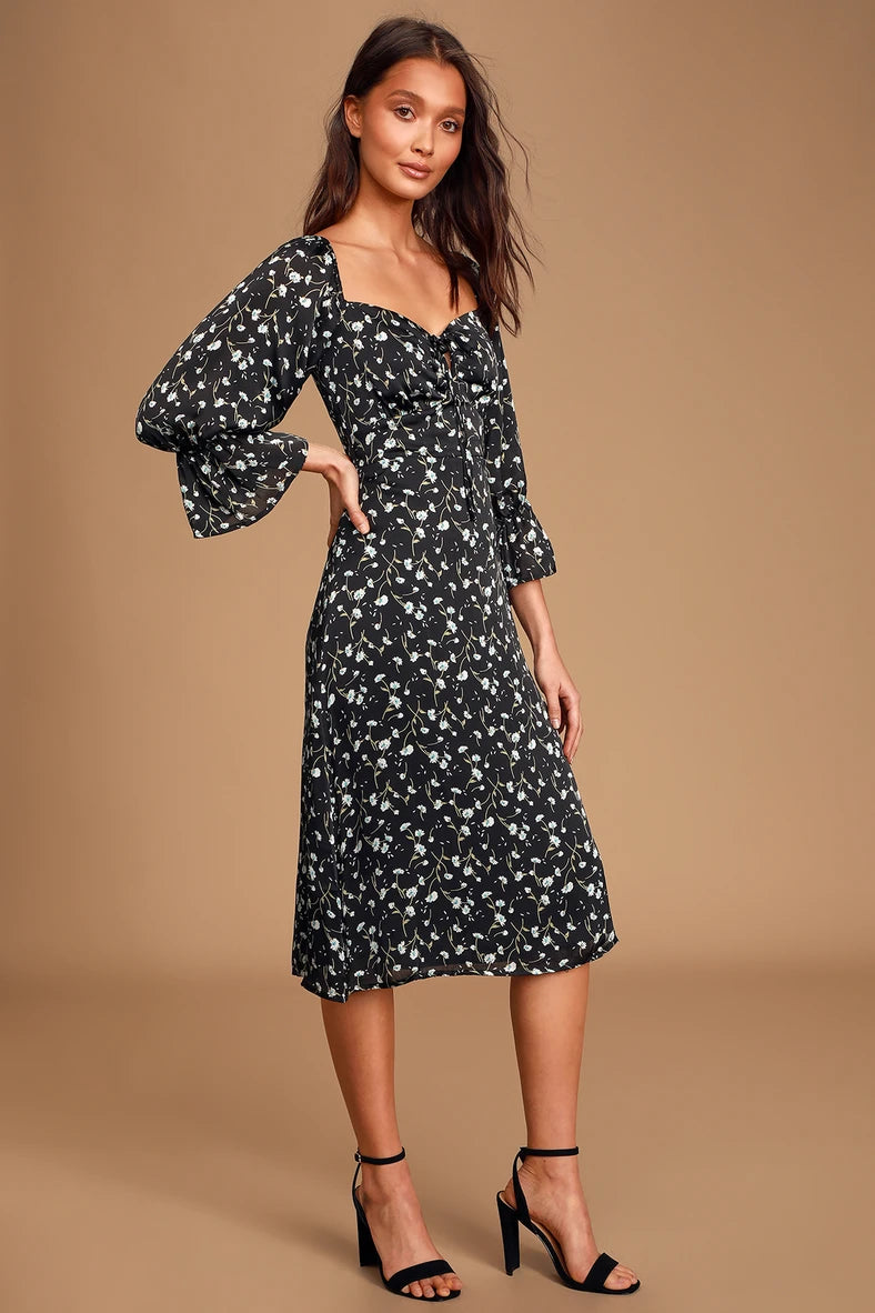 Lulu’s - Black Floral Print Midi Dress