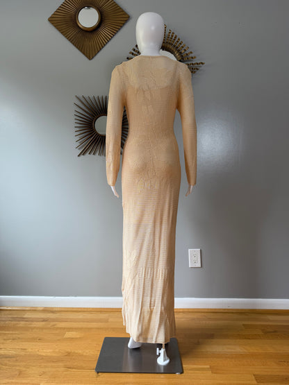 Free People Beige Crochet Maxi Dress – Boho Sexy Long Sleeve Slit Dress