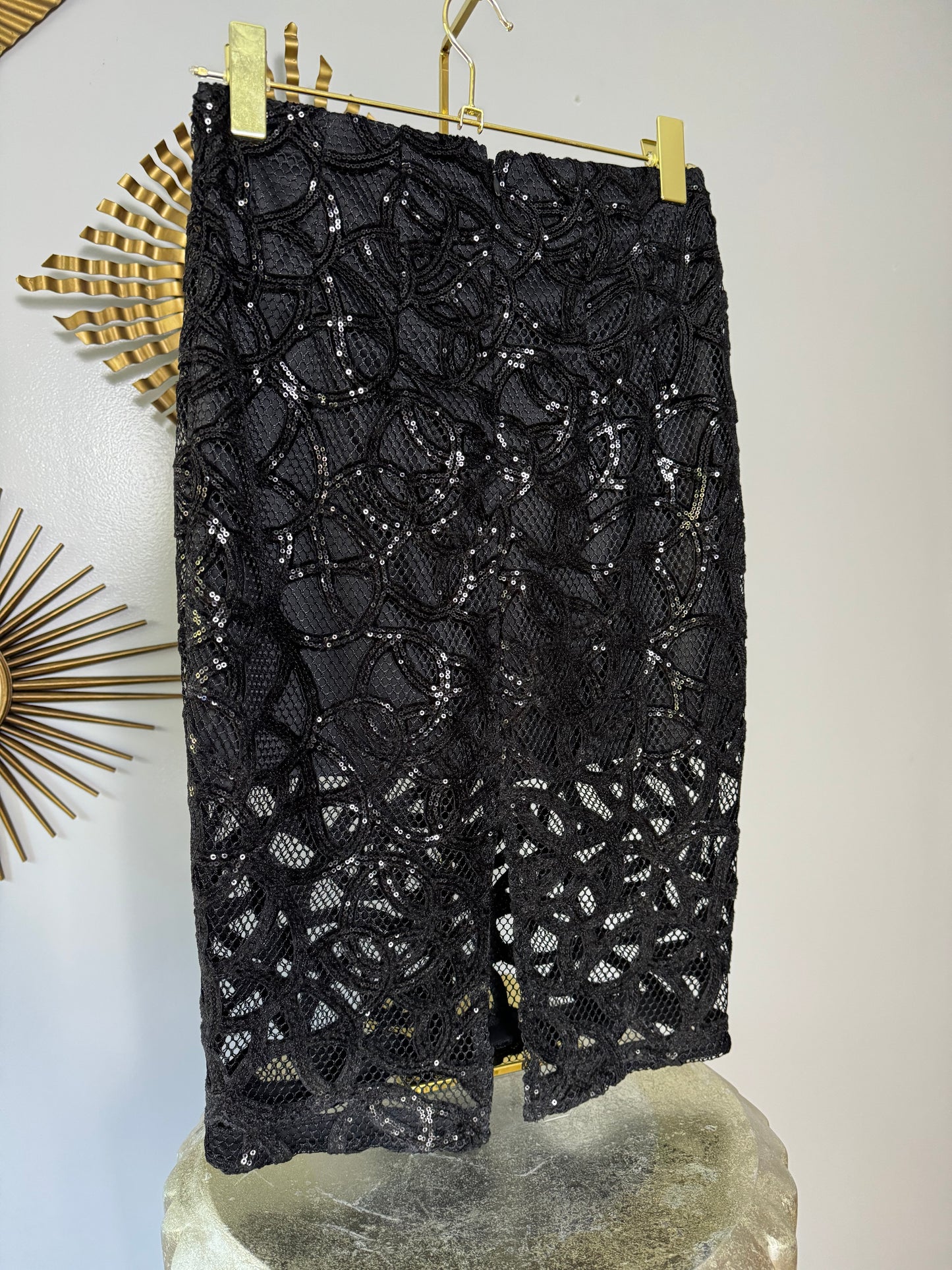 Express - Black Sequin Swirl Midi Skirt