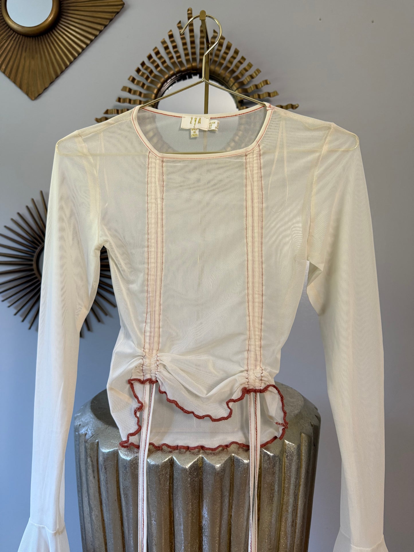 ZYA - Cream Mesh Long Ruffle Sleeve Blouse