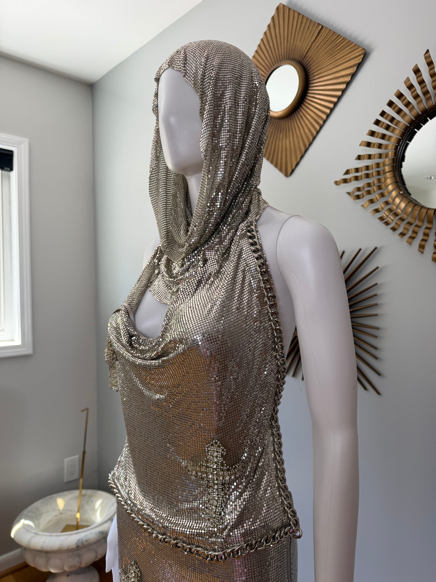 The Dolls House Silver Chainmail Set – Metallic Hooded Top & Mini Skirt Statement Outfit