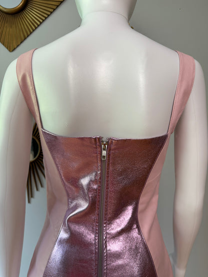 H:ours - Pink Faux Leather Mini Dress W/ Metallic Panels