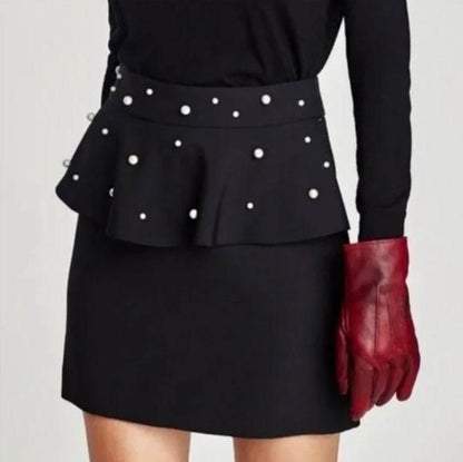 ZARA - Black Peplum Mini Skirt w/ Pearl Details