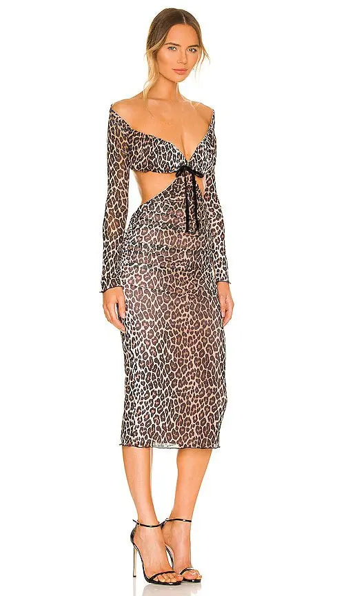 MAJORELLE - Off Shoulder Leopard Print Midi Dress