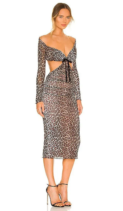 MAJORELLE - Off Shoulder Leopard Print Midi Dress