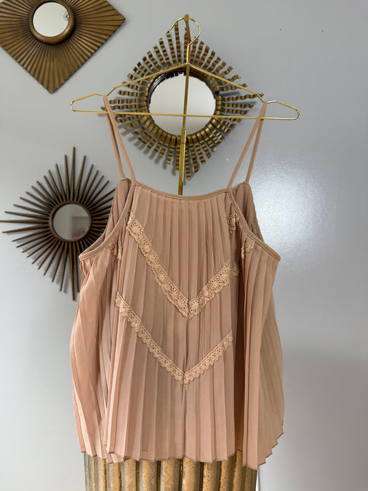 The Cove - Tan Pleated Top w/ Crochet Details
