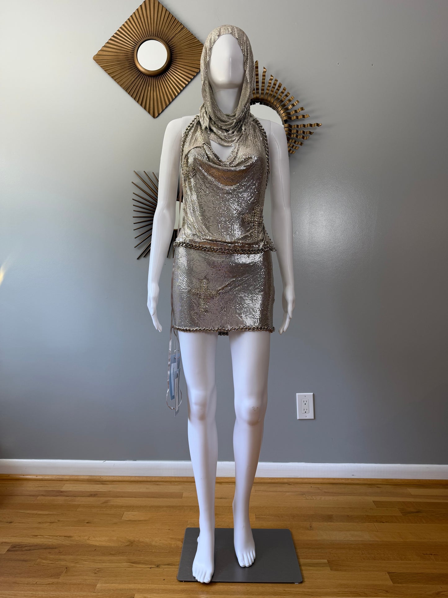 The Dolls House Silver Chainmail Set – Metallic Hooded Top & Mini Skirt Statement Outfit