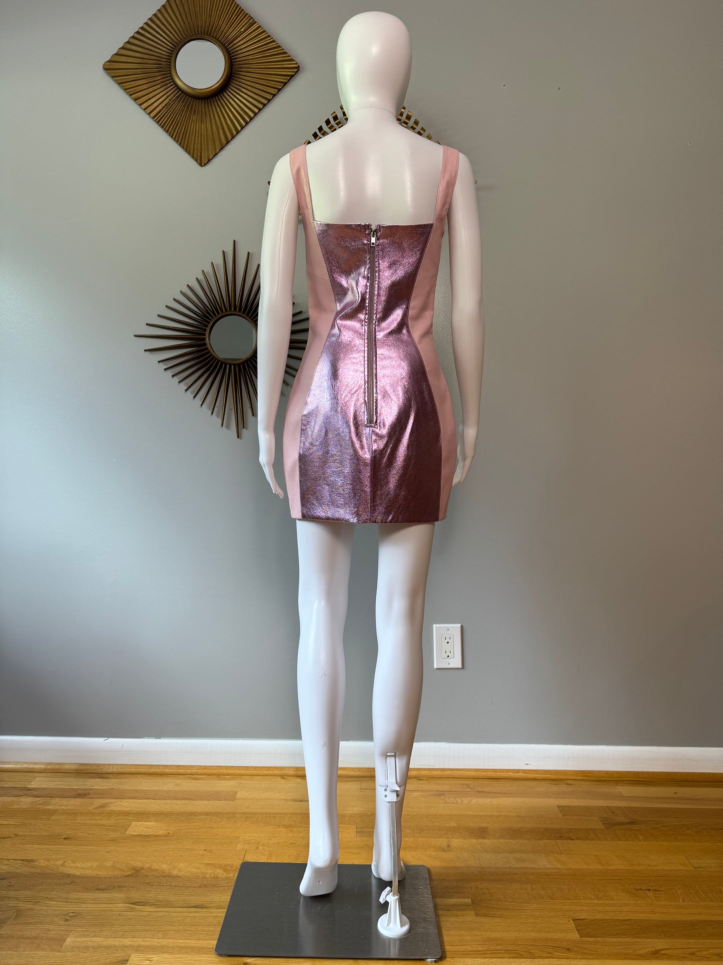 H:ours - Pink Faux Leather Mini Dress W/ Metallic Panels