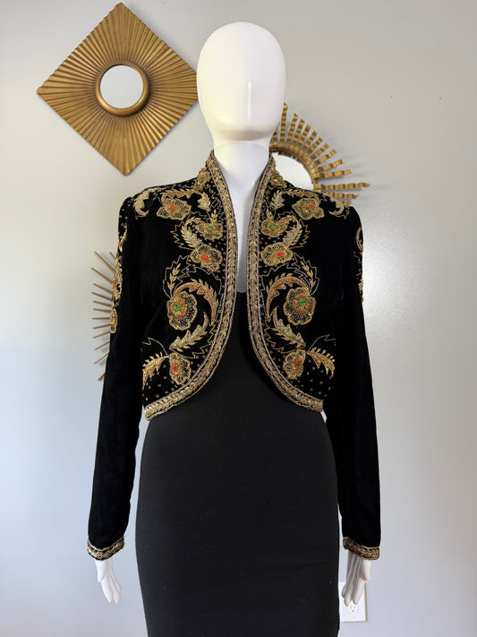 Caché- Vintage Black Velvet Bolero Jacket w/ Gold Embroidery