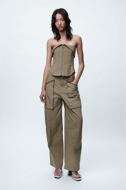 ZARA - Khaki Zippered Corset & Pants Set