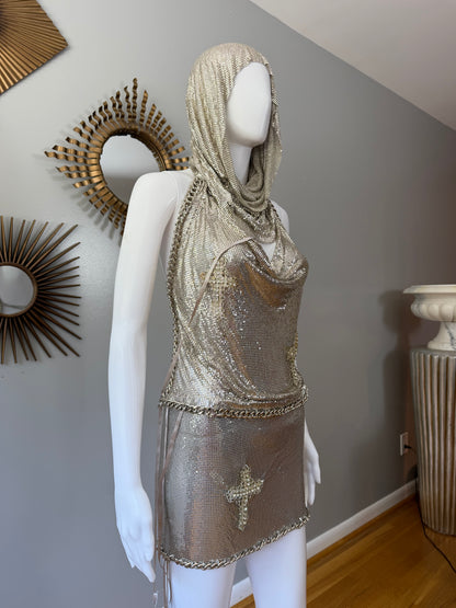 The Dolls House Silver Chainmail Set – Metallic Hooded Top & Mini Skirt Statement Outfit