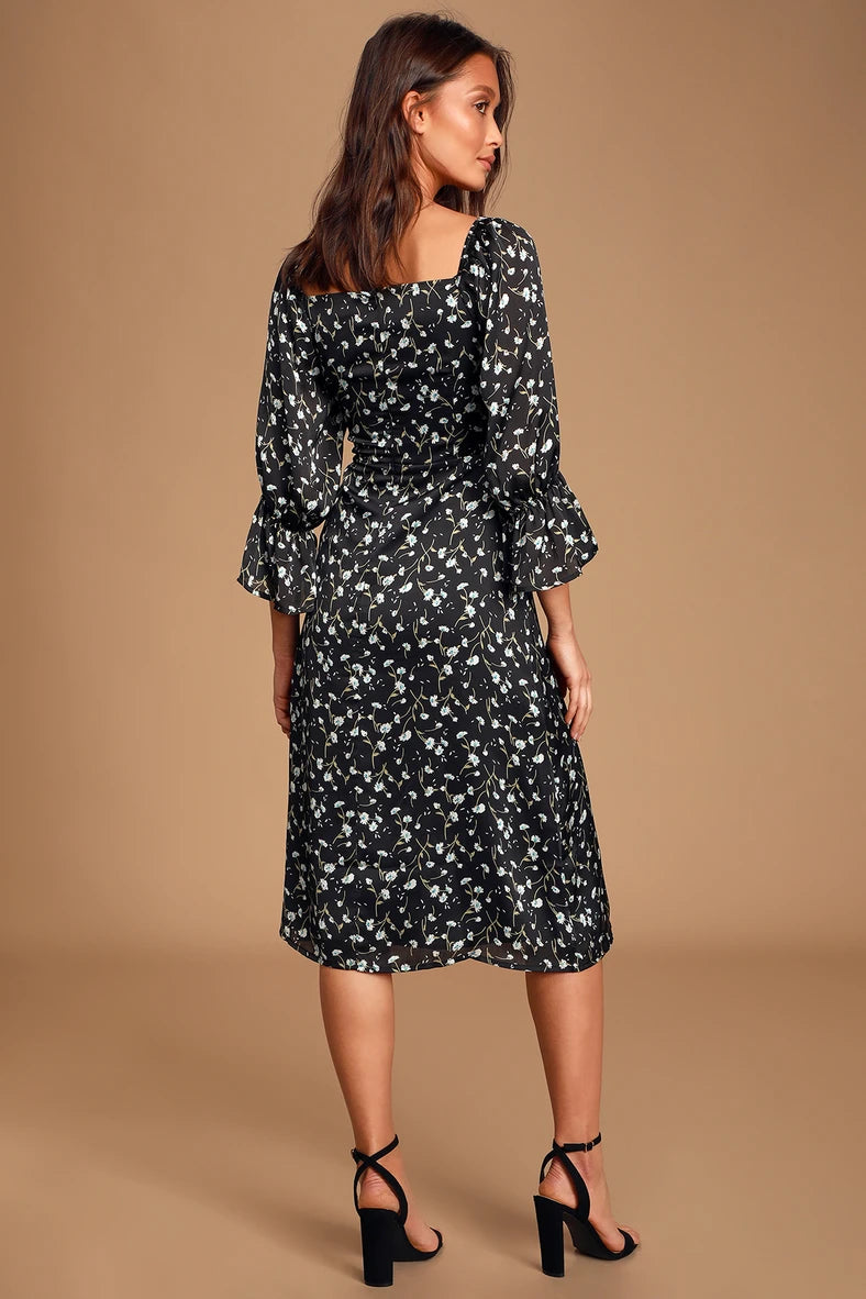 Lulu’s - Black Floral Print Midi Dress