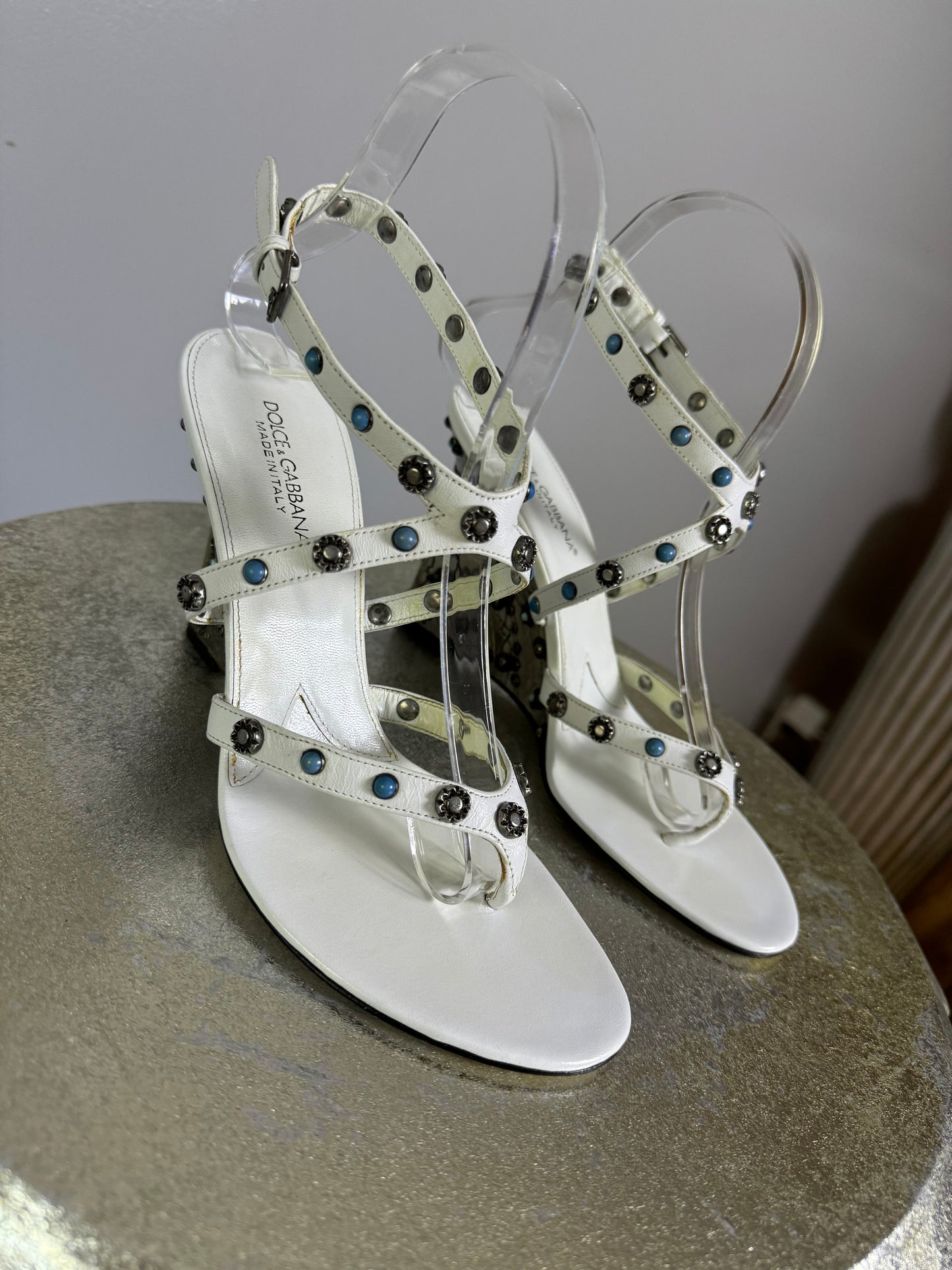 Dolce & Gabbana - White Leather Wedge Sandal With Silver Embellishment