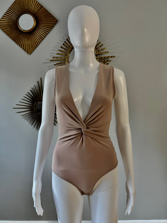 Tan Deep V Bodysuit w/ Front Knot Detail