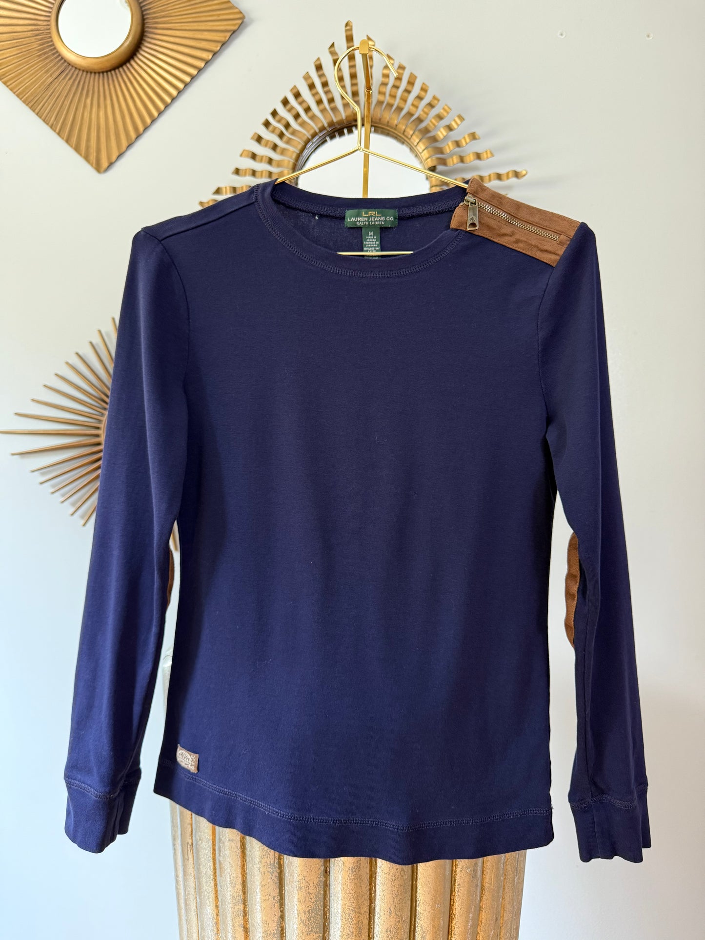 Ralph Lauren - Blue Top w/ Tan Zipper Detail & Elbow Patches