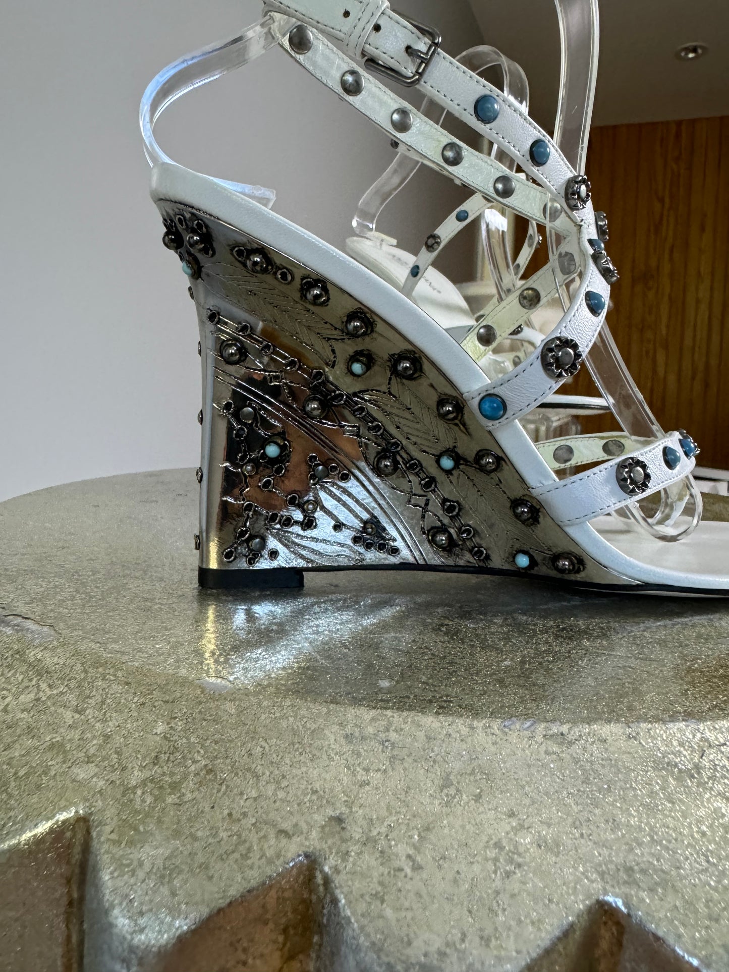 Dolce & Gabbana - White Leather Wedge Sandal With Silver Embellishment