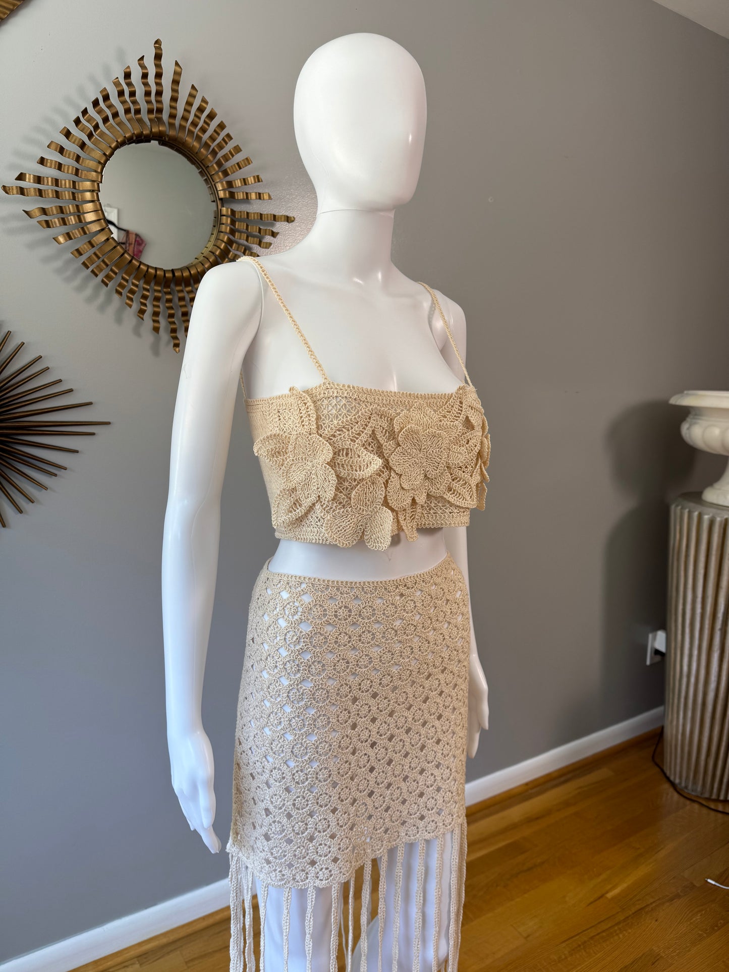 ZARA - Beige Flower Crochet Top & Skirt Set