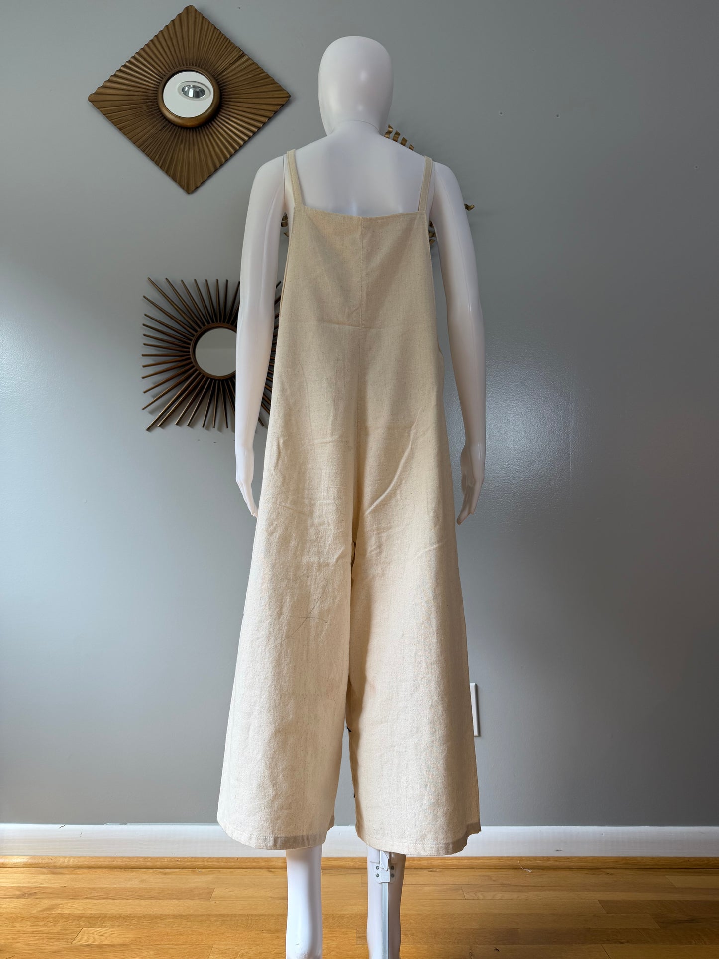 Beige Madame Red Hand Embroidered Overalls