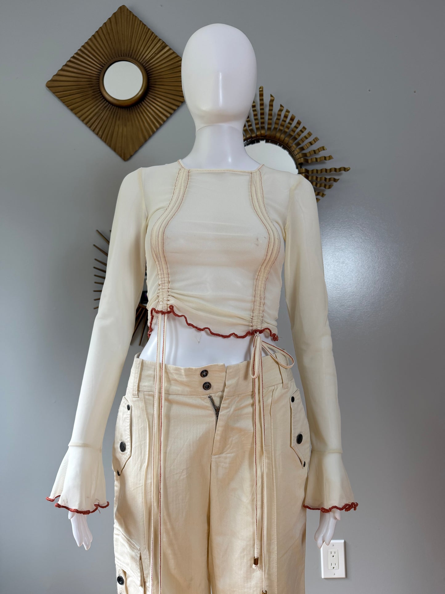 ZYA - Cream Mesh Long Ruffle Sleeve Blouse