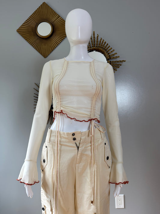 ZYA - Cream Mesh Long Ruffle Sleeve Blouse