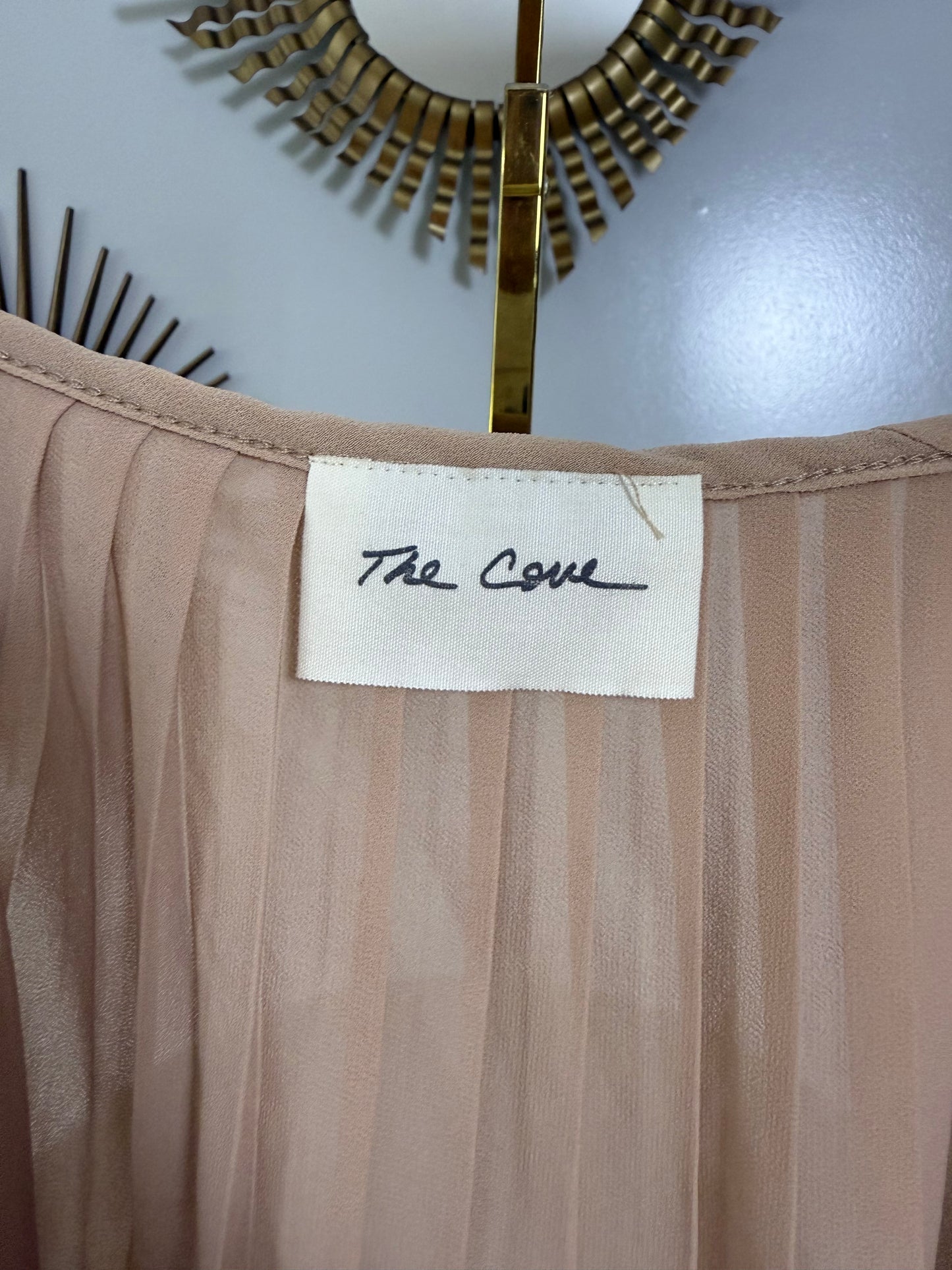 The Cove - Tan Pleated Top w/ Crochet Details