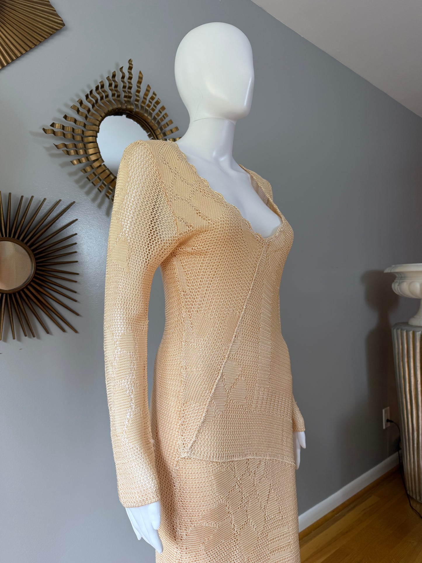 Free People Beige Crochet Maxi Dress – Boho Sexy Long Sleeve Slit Dress