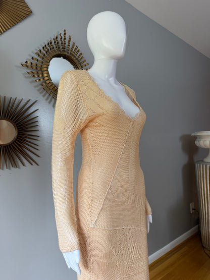 Free People Beige Crochet Maxi Dress – Boho Sexy Long Sleeve Slit Dress