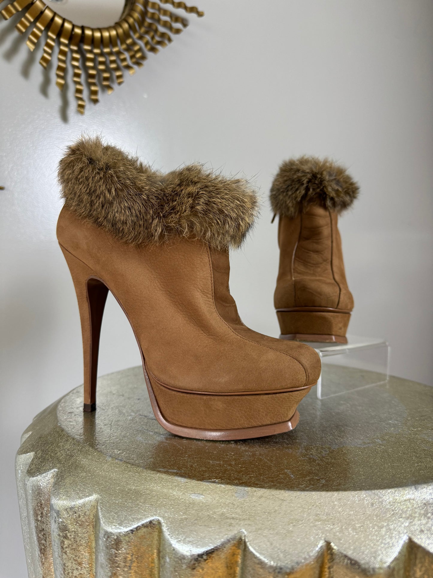 YSL - Tan Tribute Suede Booties With Fur Cuff