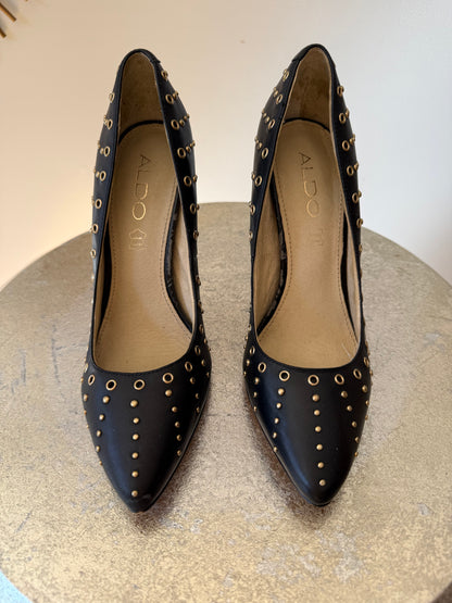 ALDO - Black Leather Pumps w/ Gold Studs