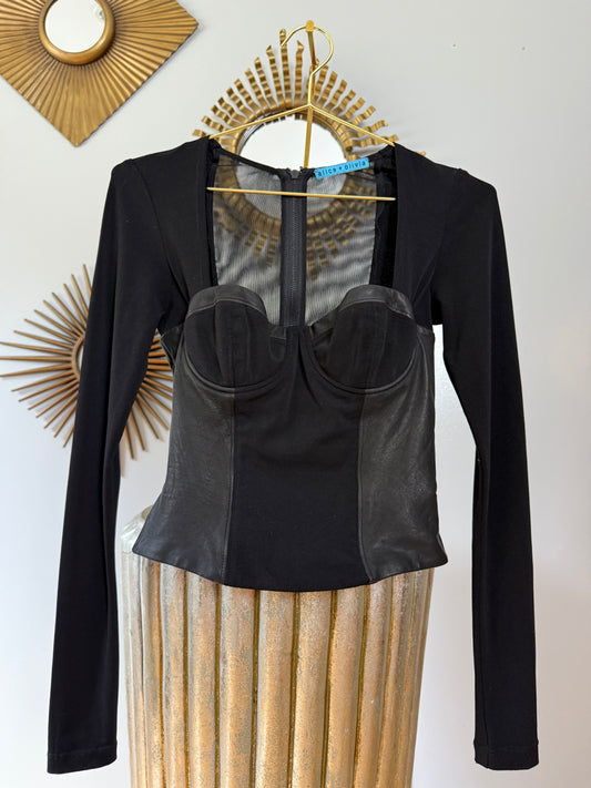Alice + Olivia - Black Lali Leather Trim Top
