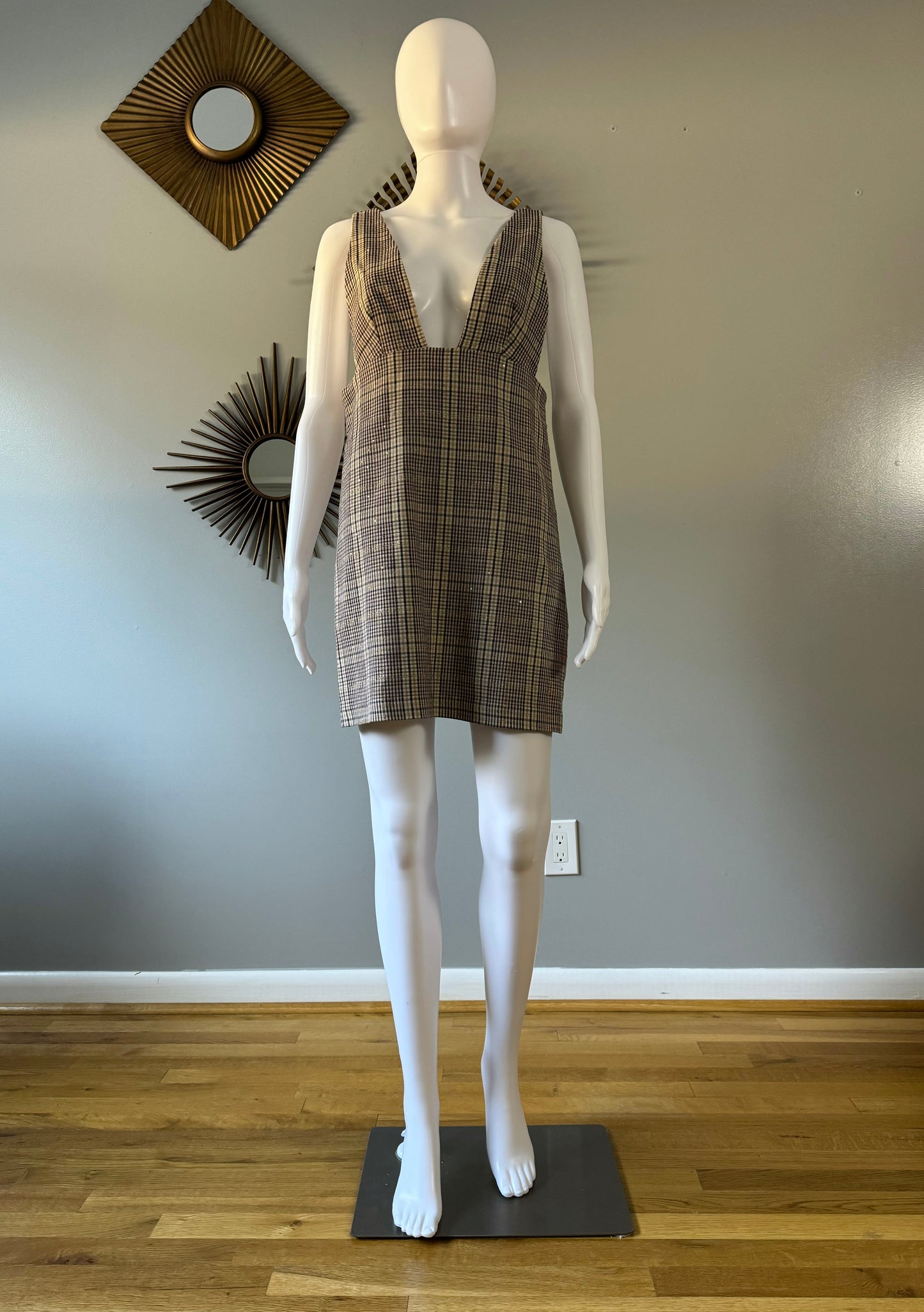 ZARA - Brown Plaid Pinafore Deep V Neck Dress