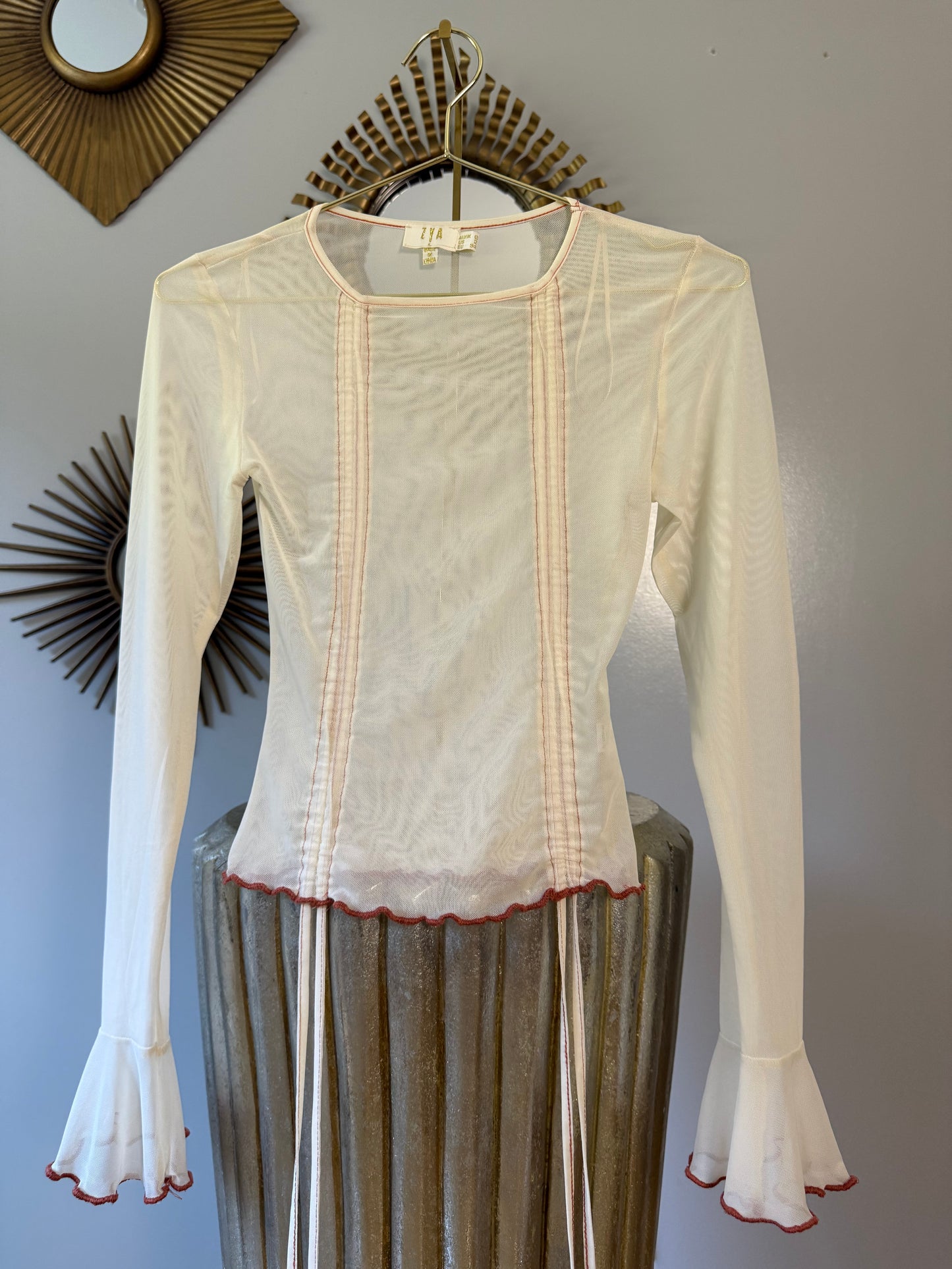 ZYA - Cream Mesh Long Ruffle Sleeve Blouse