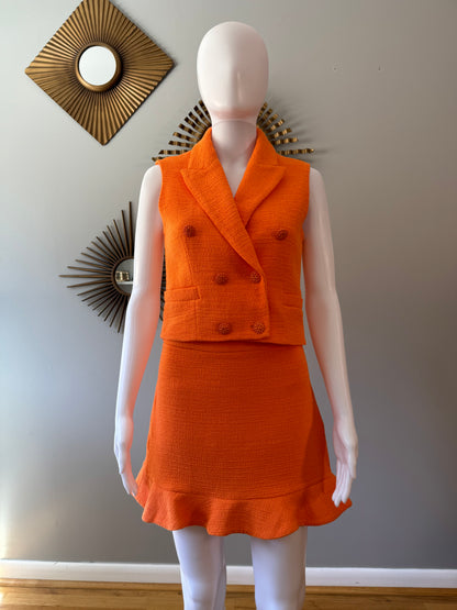 Zara - Conjunto Chaleco y Falda Naranja Textura