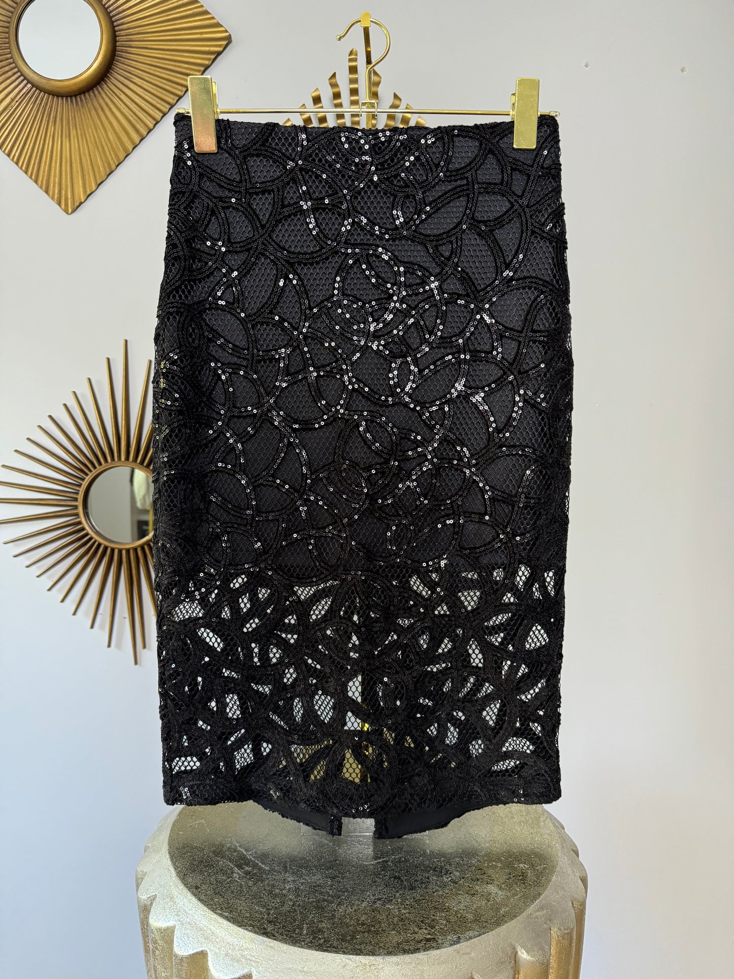 Express - Black Sequin Swirl Midi Skirt