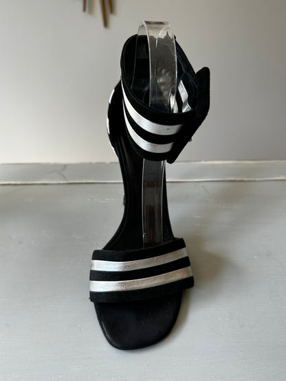 Saint Laurent - Paloma Black & Silver Leather Striped Ankle Strap Sandals