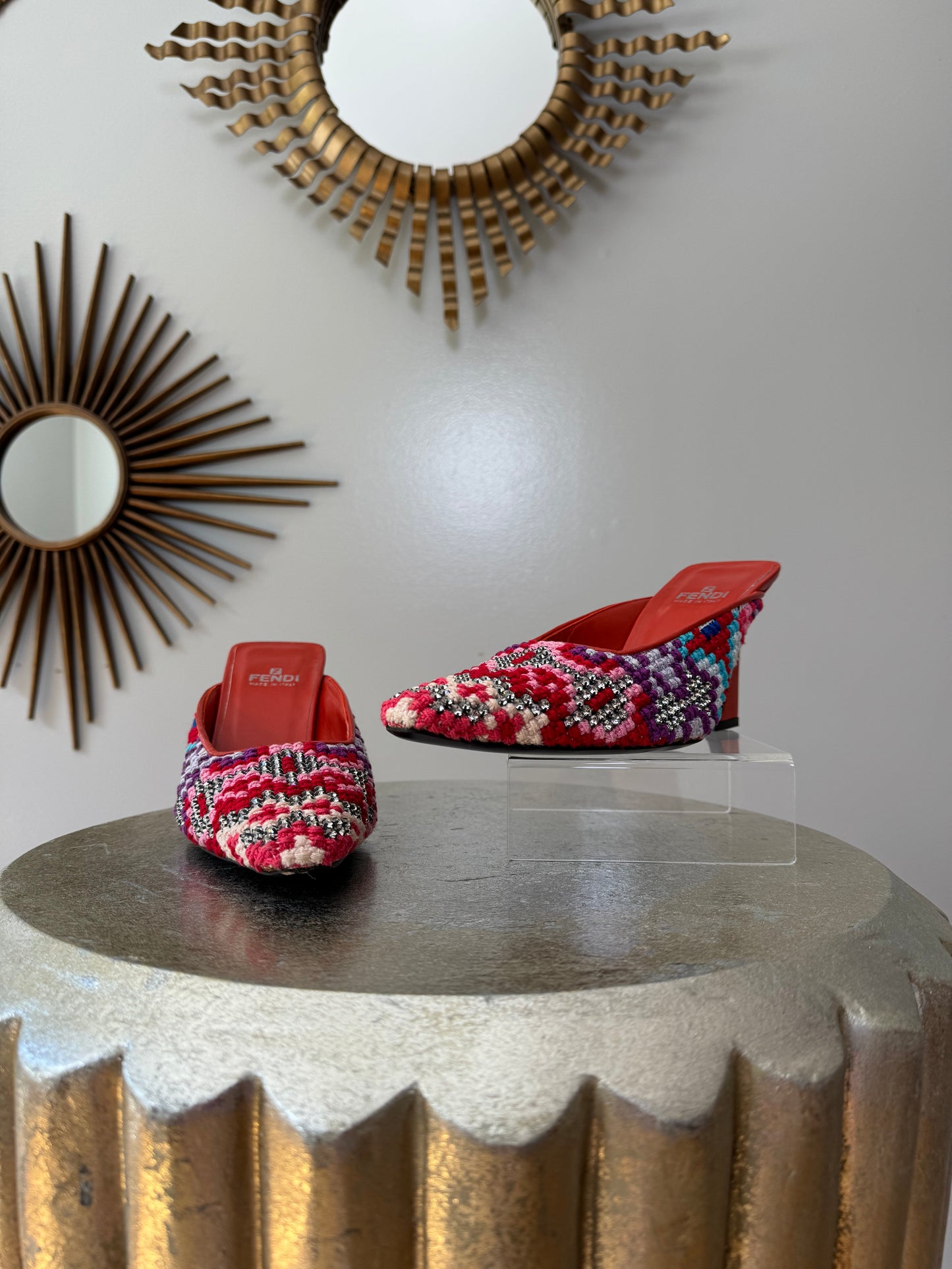 FENDI - Red Embroidered Leather Mules With Rhinestones