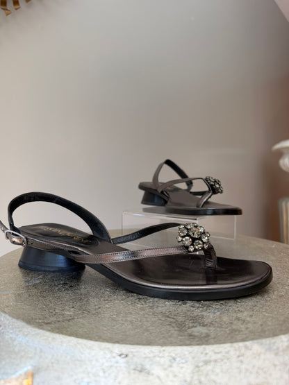Yves Saint Laurent Black Jeweled T-Strap Slingback Sandals