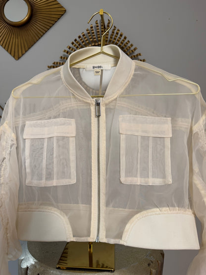 SNIDEL - Beige Sheer Cropped Bomber Jacket