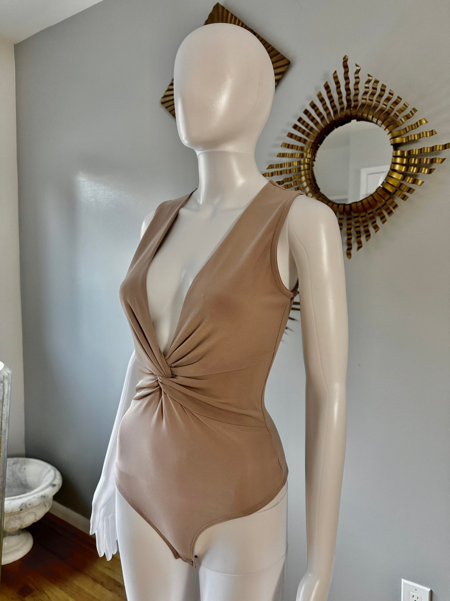 Tan Deep V Bodysuit w/ Front Knot Detail