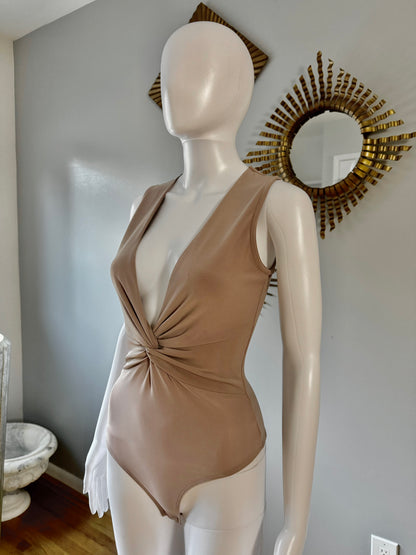 Tan Deep V Bodysuit w/ Front Knot Detail