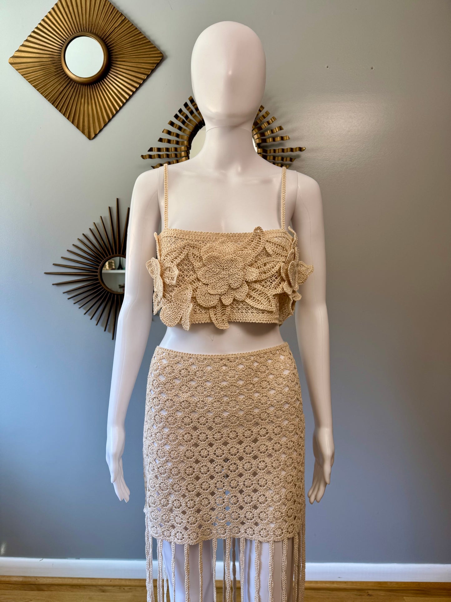 ZARA - Beige Flower Crochet Top & Skirt Set