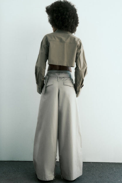 ZARA - Khaki High Waisted Wide Leg Pants With Belt