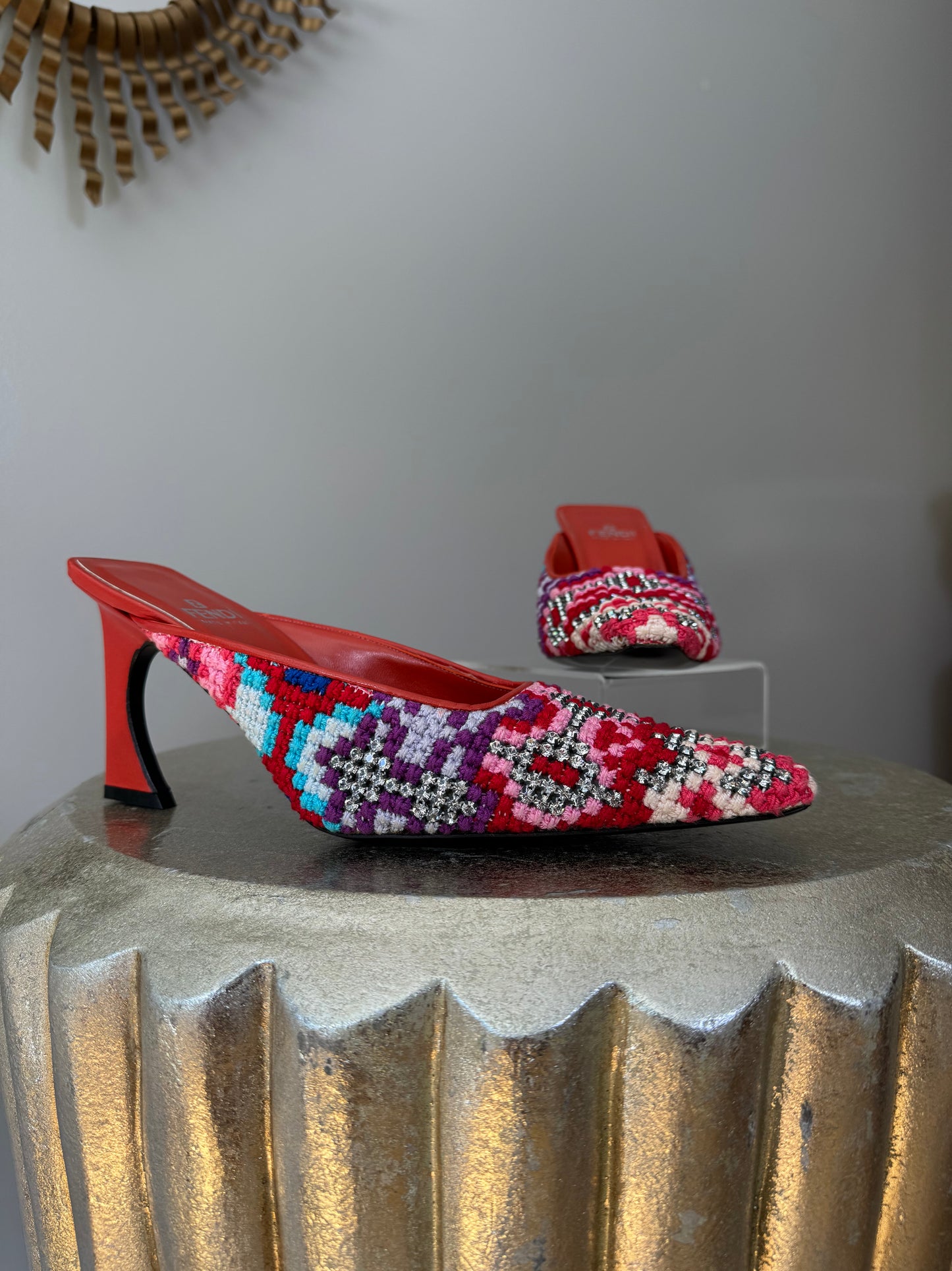 FENDI - Red Embroidered Leather Mules With Rhinestones